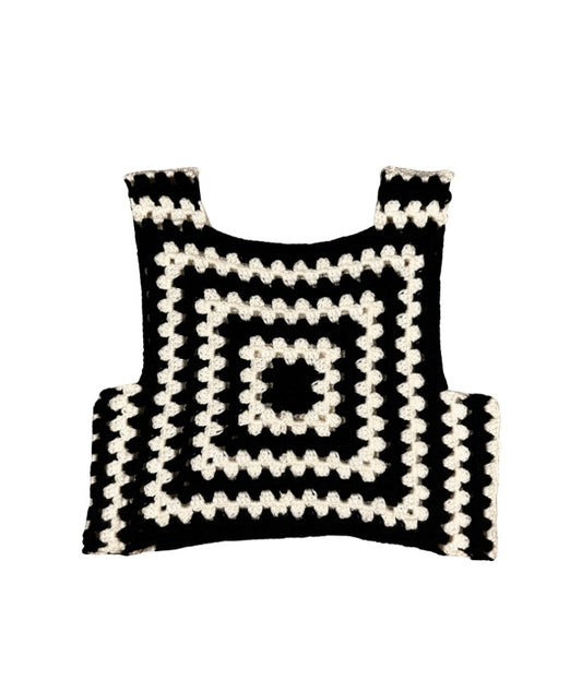 Black & white crochet granny square vest