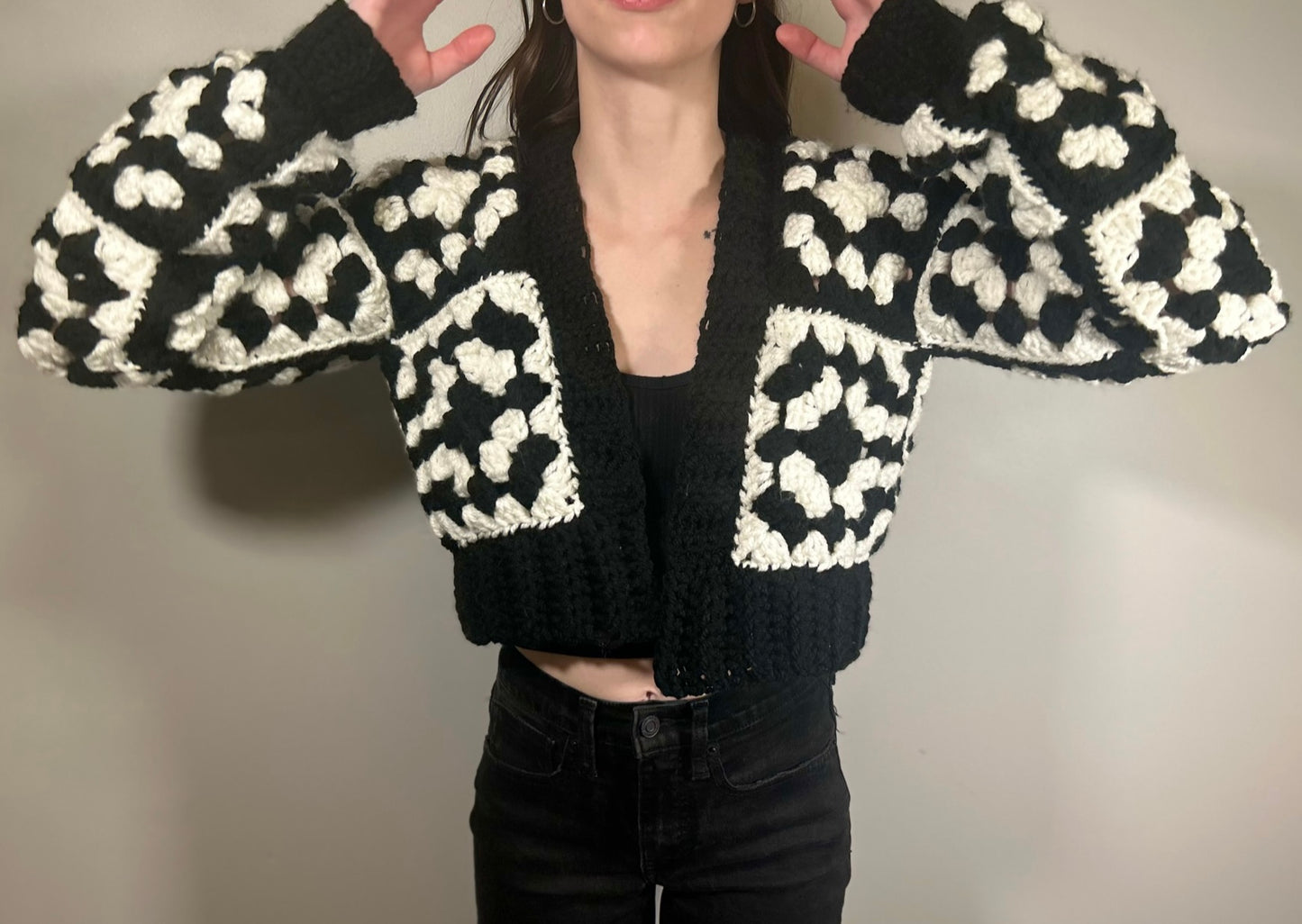 Cropped chunky black and white granny square crochet cardigan