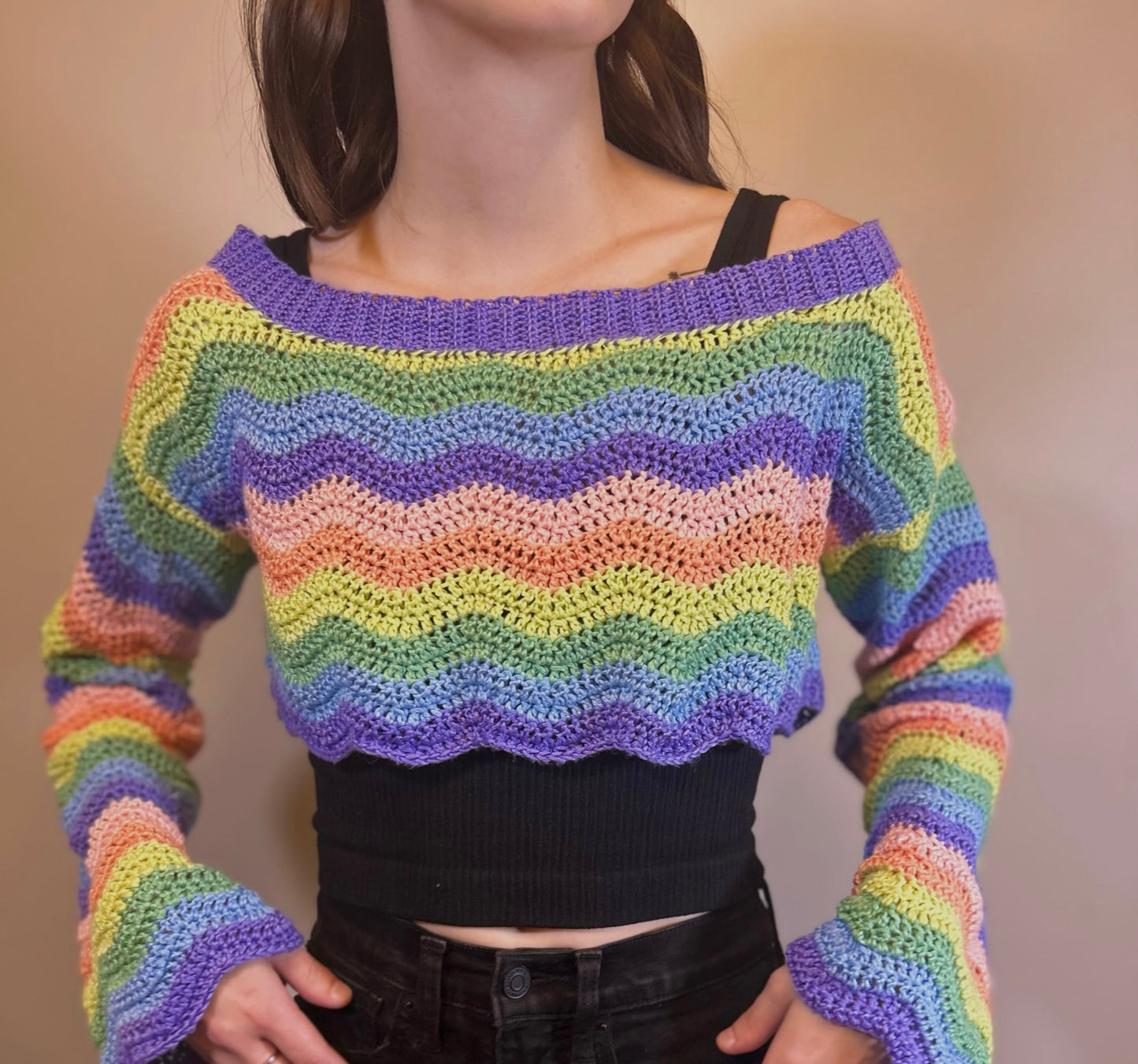 Rainbow crochet wavy super cropped long sleeve