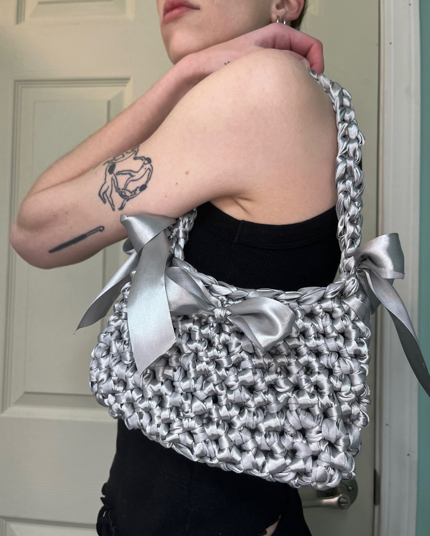 Satin ribbon crochet bow bag