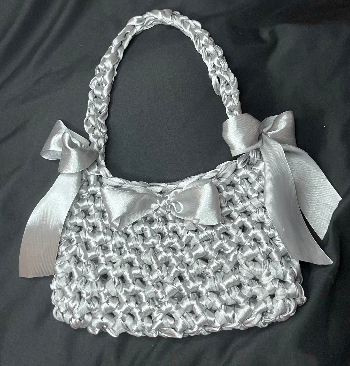 Satin ribbon crochet bow bag