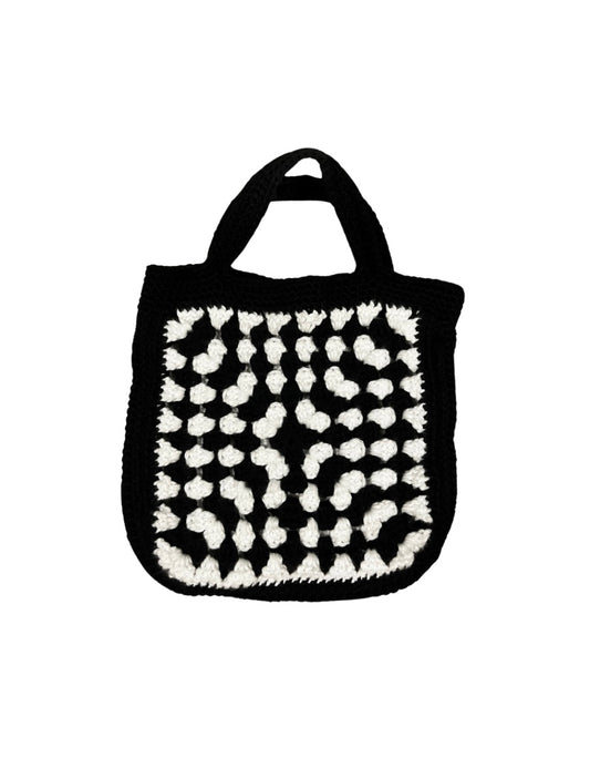 Black and white crochet granny square handbag