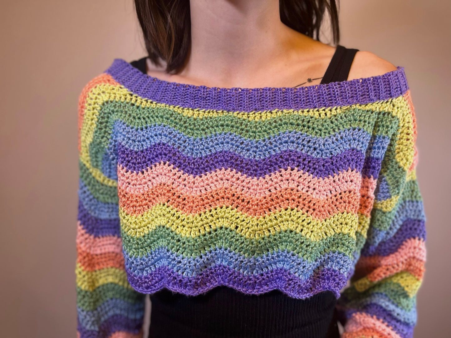 Rainbow crochet wavy super cropped long sleeve