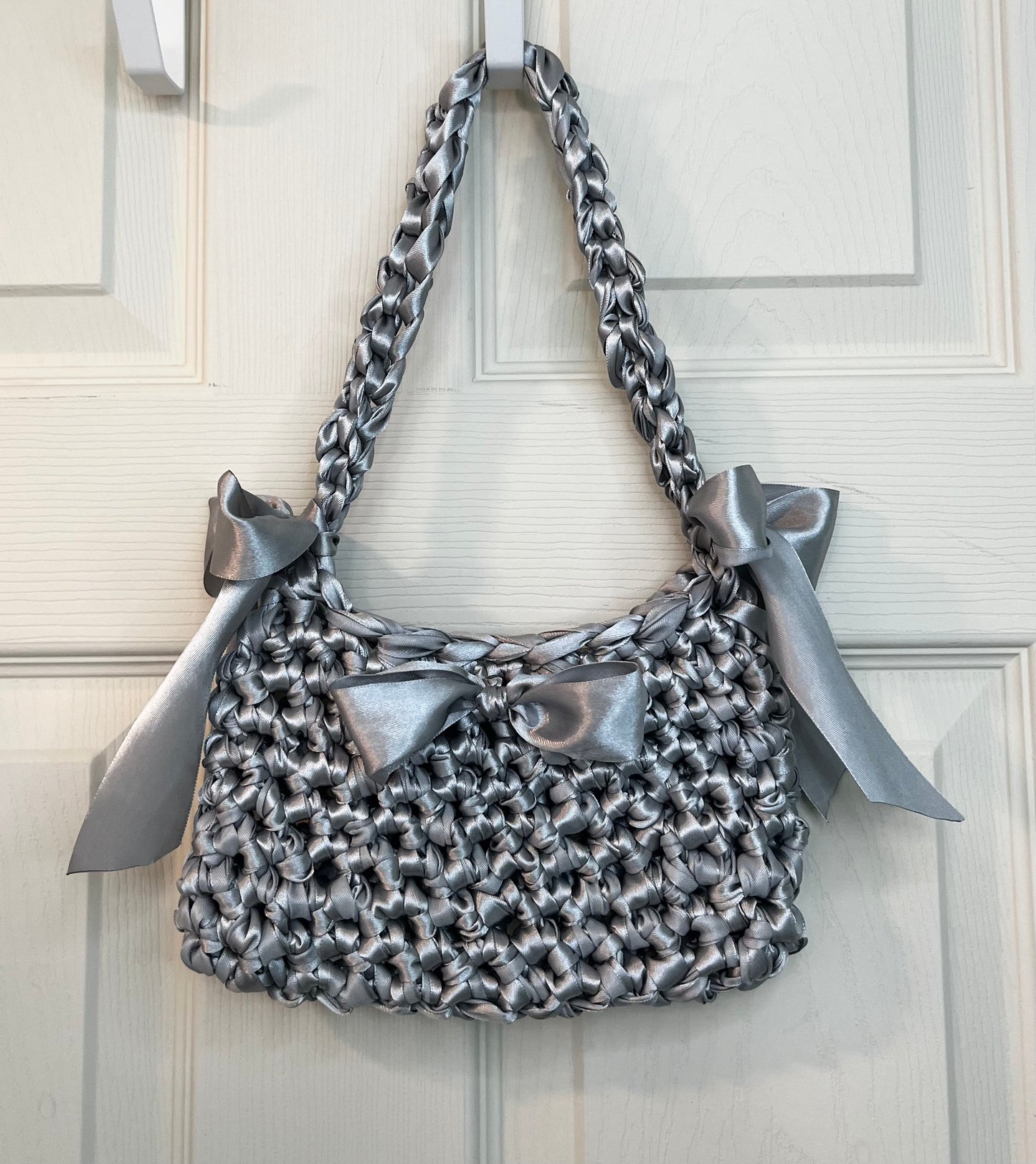 Satin ribbon crochet bow bag