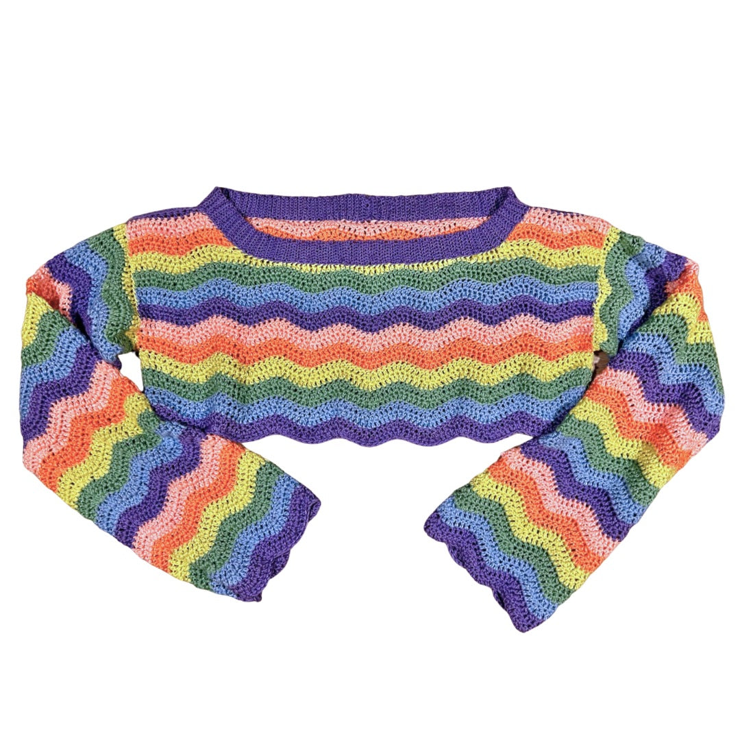 Rainbow crochet wavy super cropped long sleeve