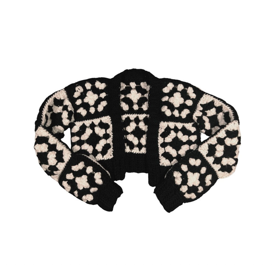 Cropped chunky black and white granny square crochet cardigan