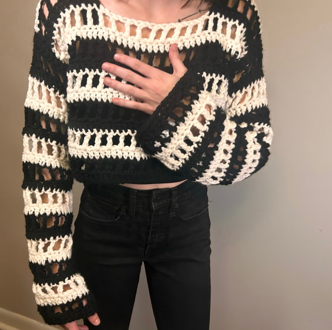 Black & white mesh crochet sweater