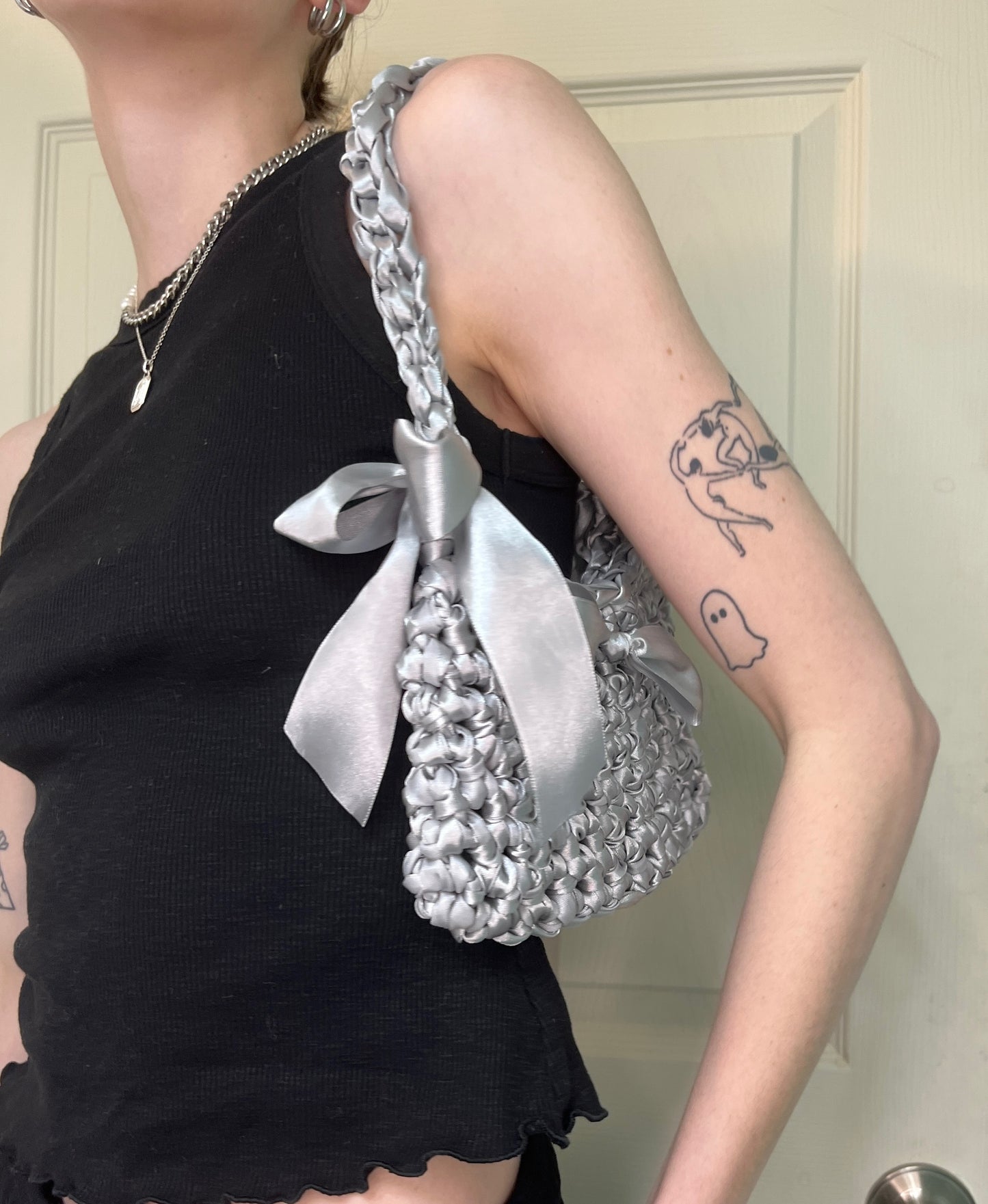 Satin ribbon crochet bow bag