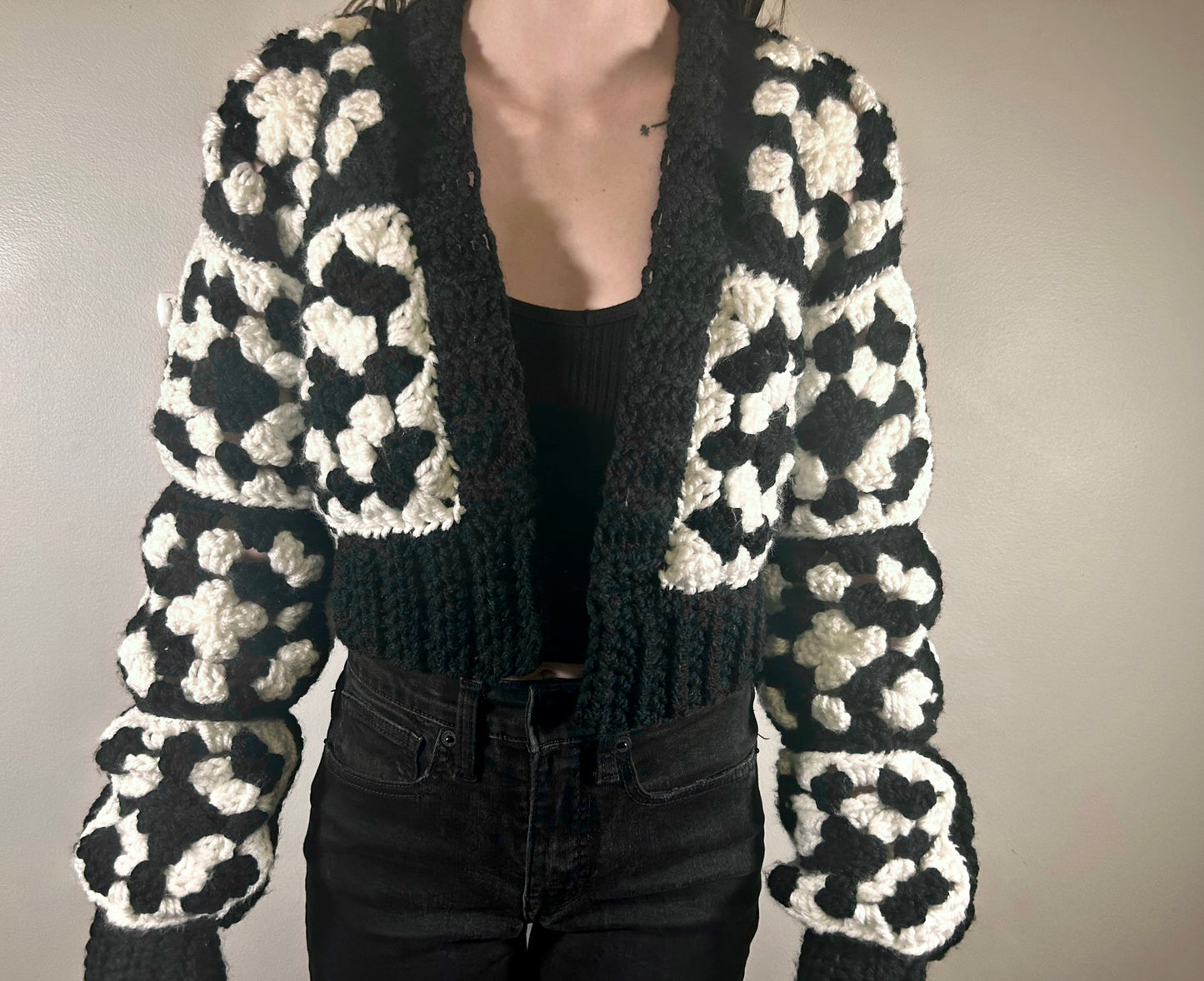 Cropped chunky black and white granny square crochet cardigan