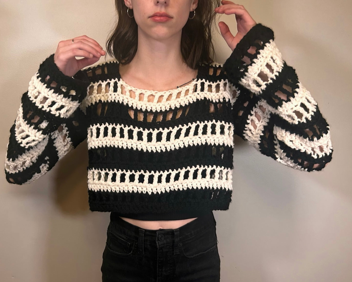 Black & white mesh crochet sweater